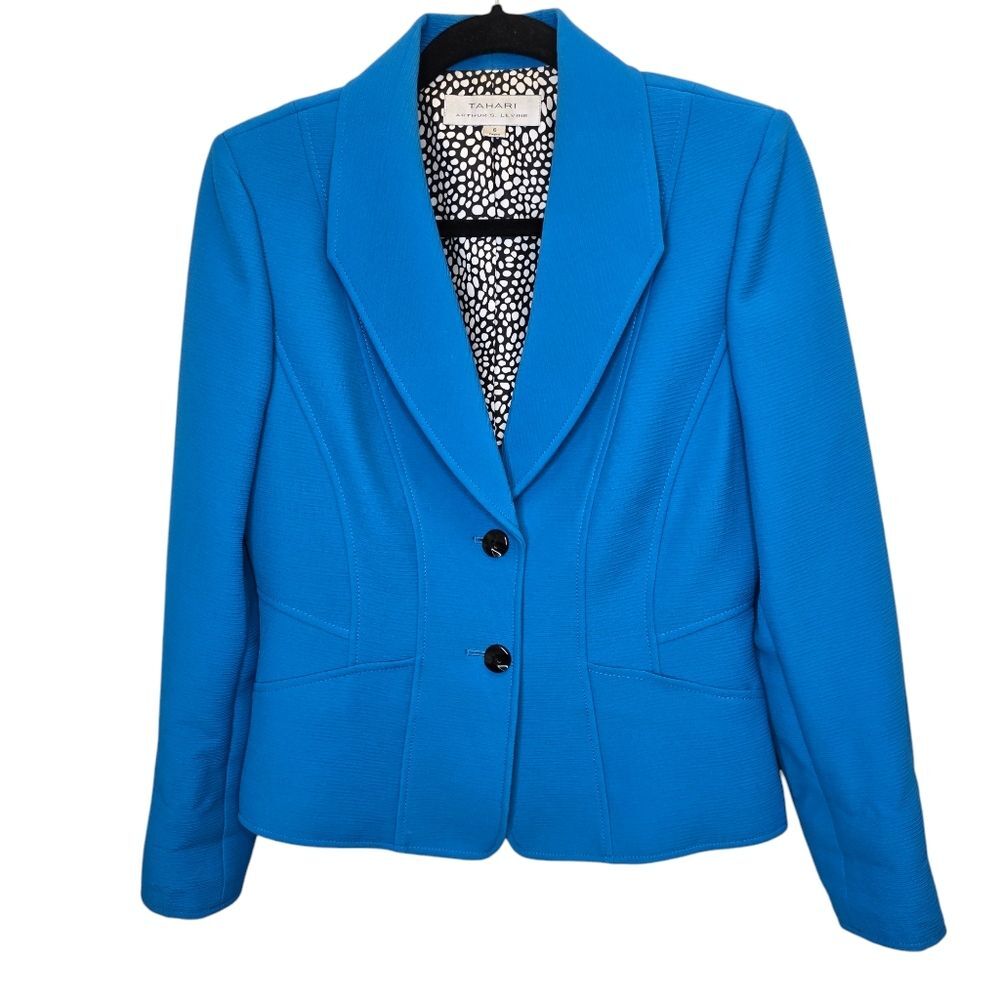 Tahari ASL Women's 6 Light Blue Long Sleeve Front Button Shawl Lapel Blazer